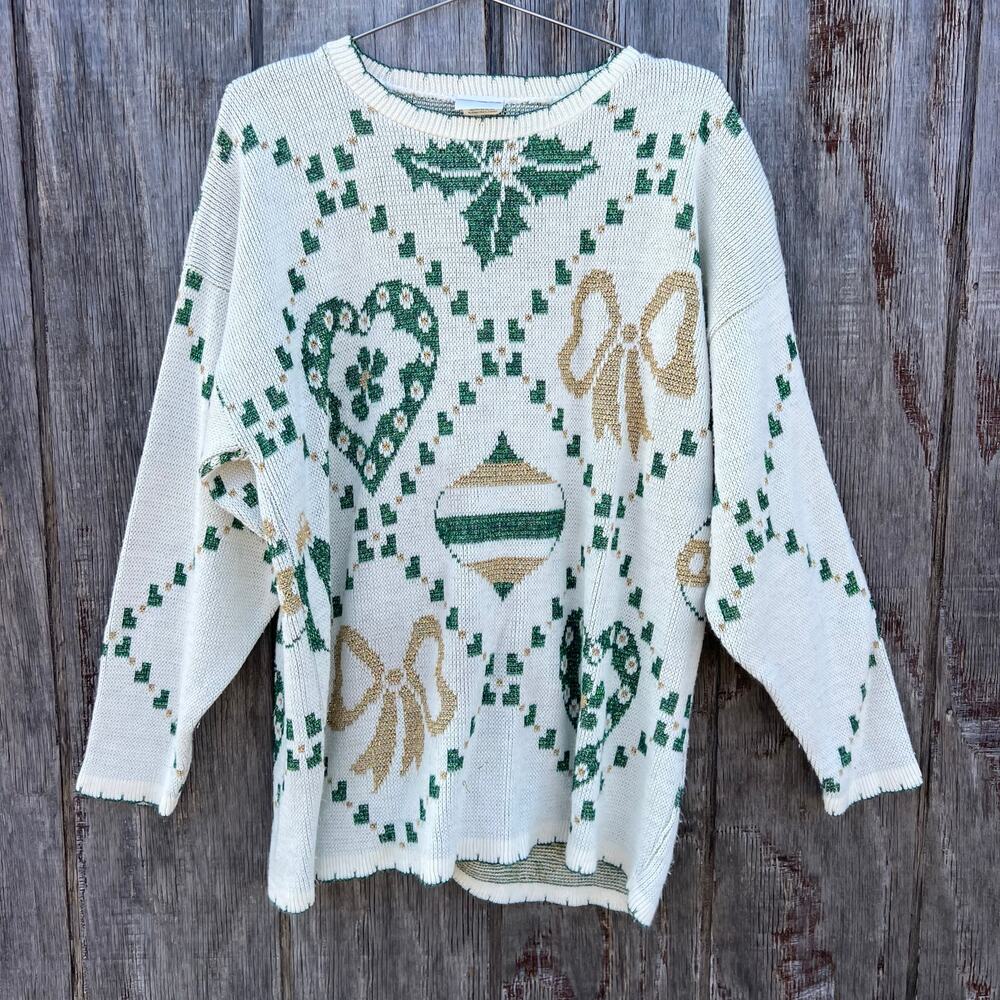 Vintage 90s holiday time gold green metallic knit Christmas ugly sweater LARGE